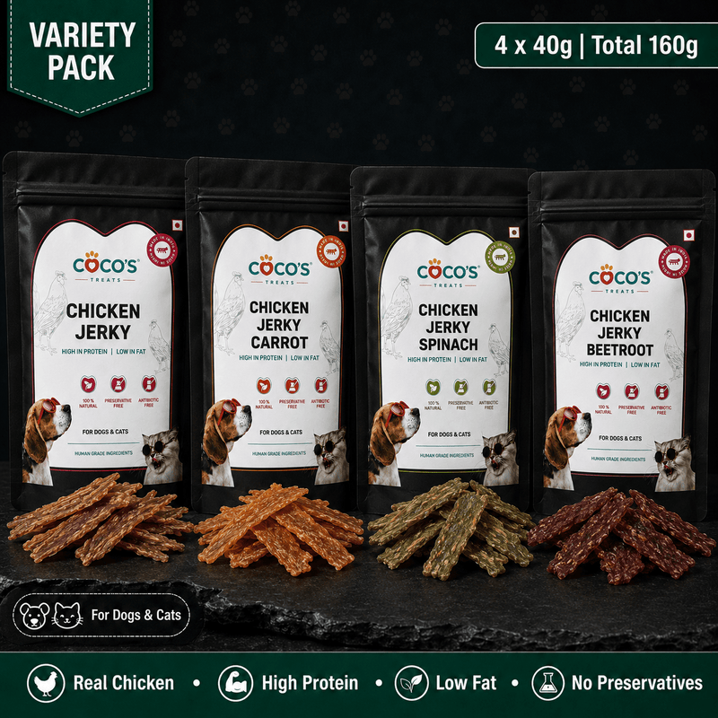 COCO'S Natural Chicken Jerky Variety Pack for Dogs & Cats | 4 Flavours | Total 160g