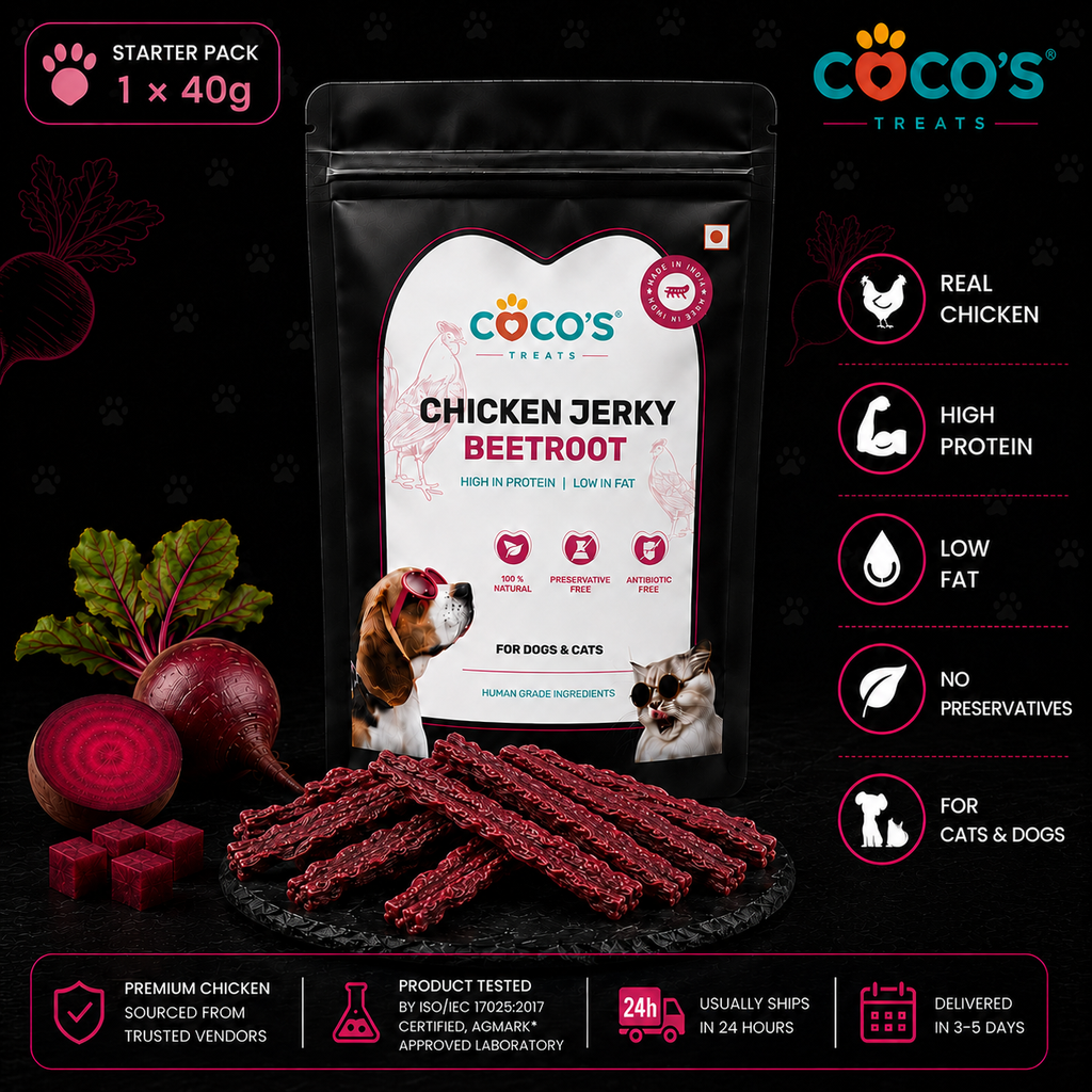 Coco's Treats Chicken Jerky Beetroot package with ingredients and product details on a dark background