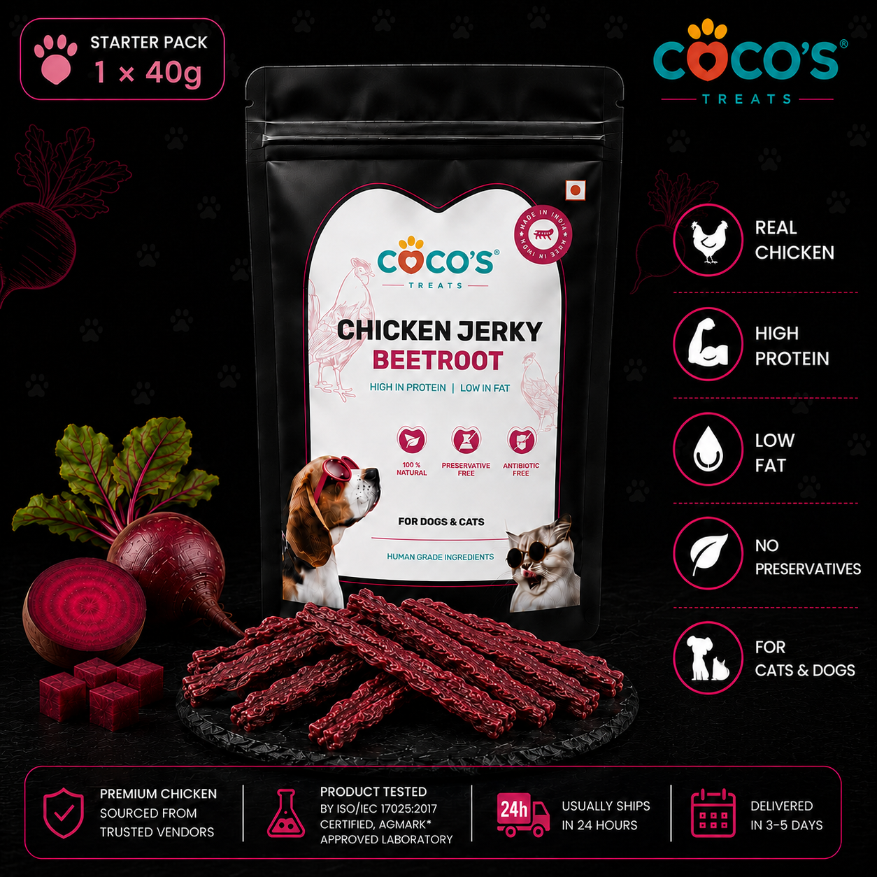 Coco's Treats Chicken Jerky Beetroot package with ingredients and product details on a dark background
