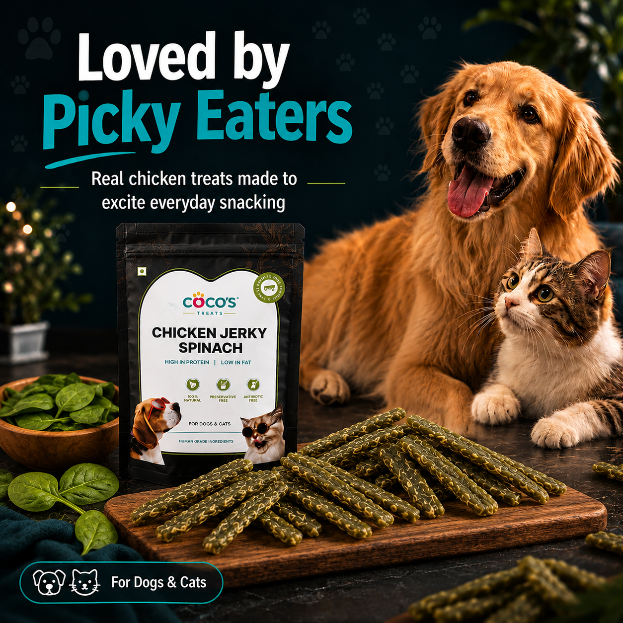 Dog and cat with Cocos Chicken Jerky Spinach treats on a dark background