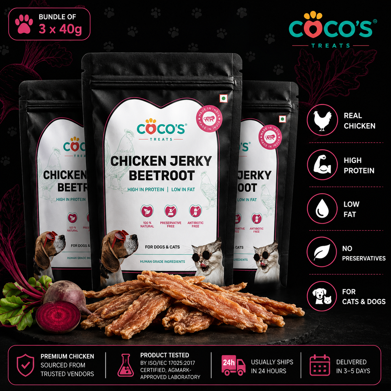 Coco's Chicken Jerky Beetroot treats for pets with product details on a dark background