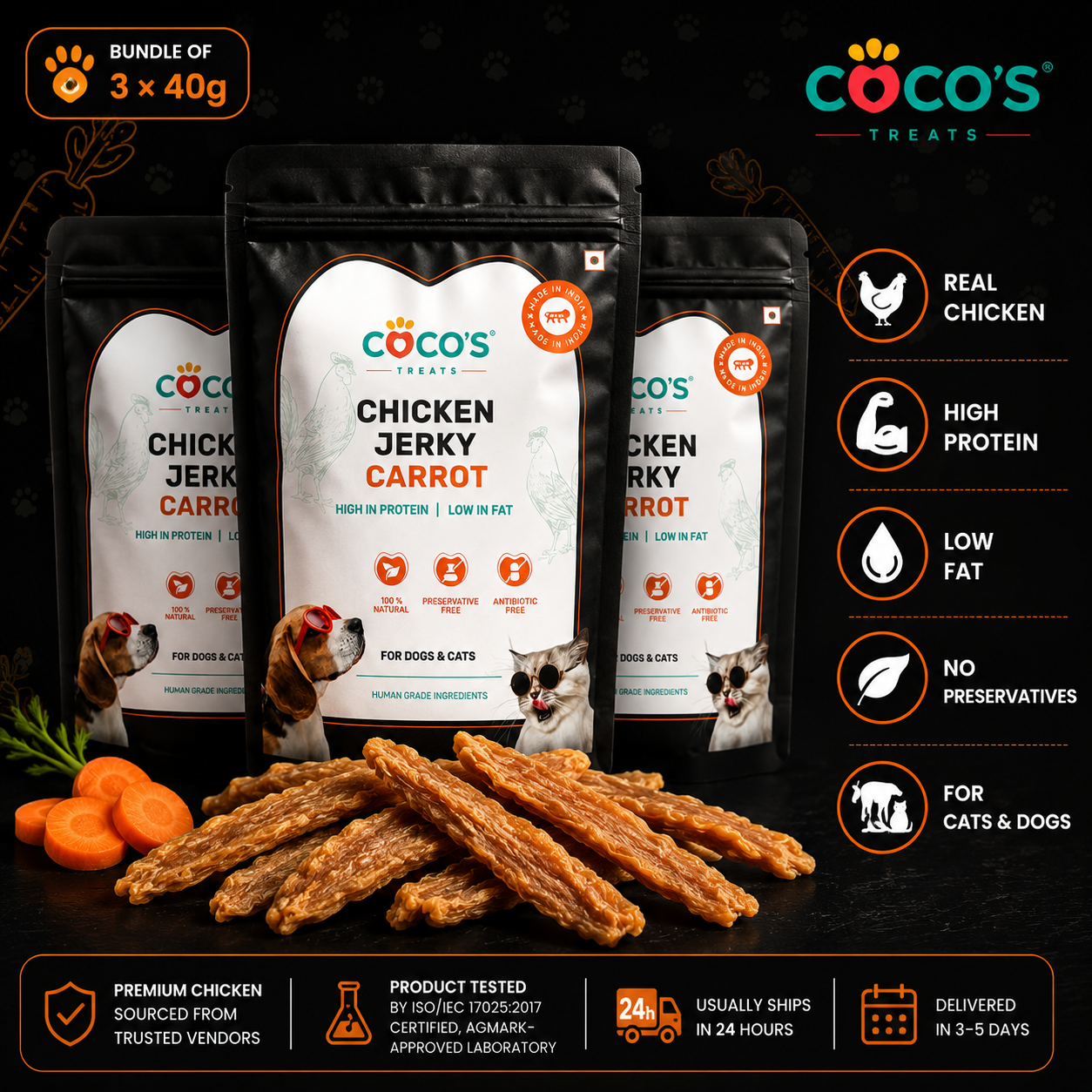 Coco's Treats Chicken Jerky with Carrot for dogs and cats on a dark background