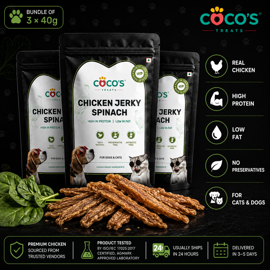 Coco's Chicken Jerky Spinach treats packaging with product details on a dark background