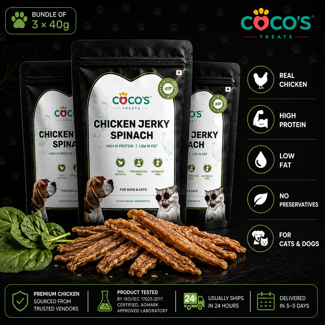 Coco's Chicken Jerky Spinach treats packaging with product details on a dark background