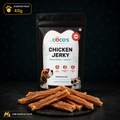 Coco's Chicken Jerky package with dried chicken strips on a dark background