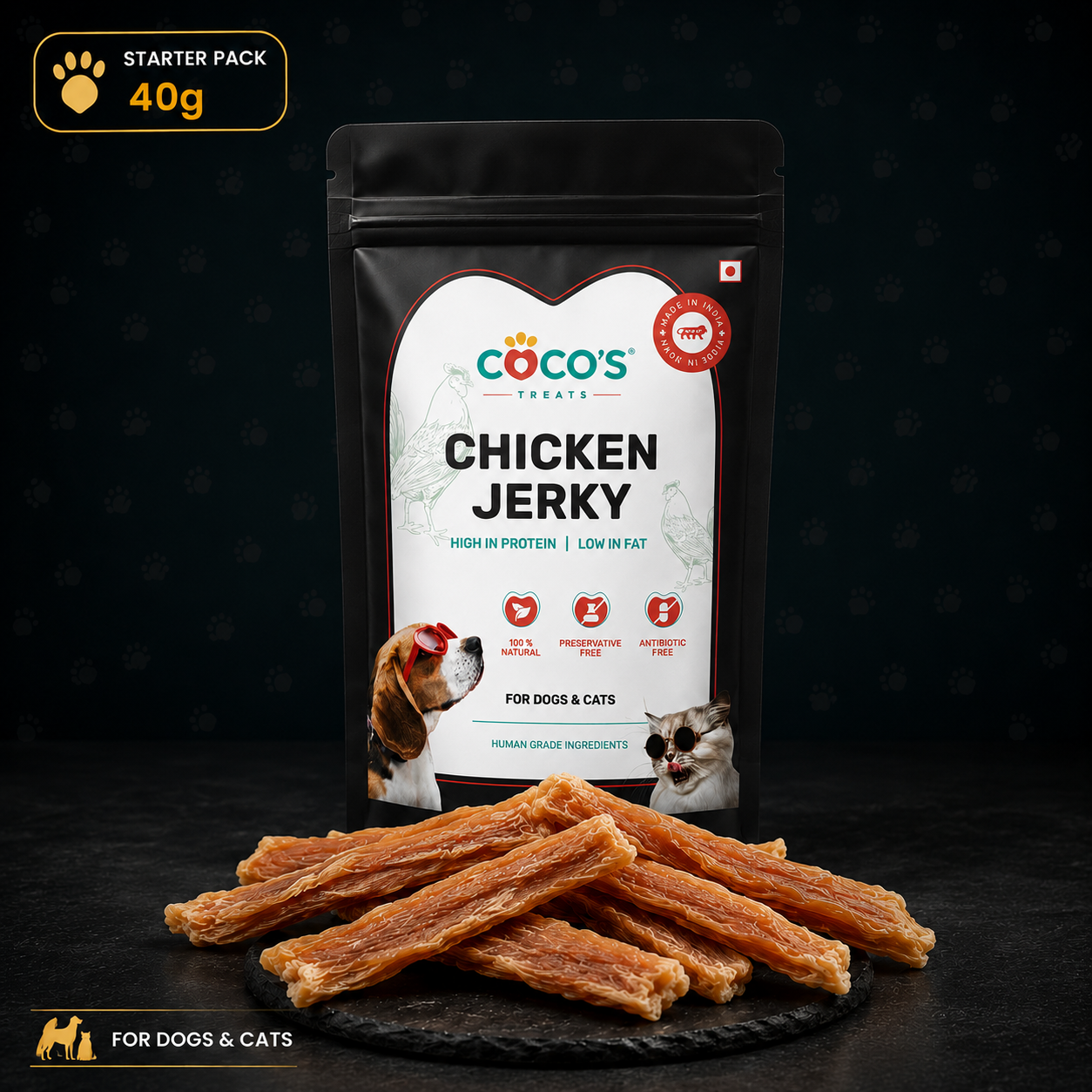 Coco's Chicken Jerky package with dried chicken strips on a dark background