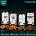 Coco's Chicken Jerky Variety Pack for dogs and cats with different flavors on a dark background.