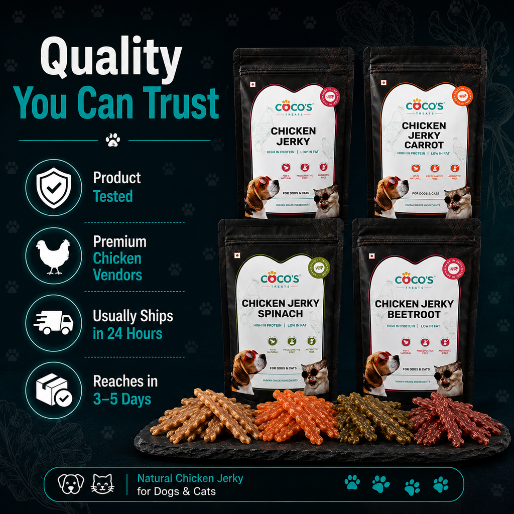 Cocos Chicken Jerky packages with visible chicken jerky samples on a dark background, featuring text about product quality and shipping.