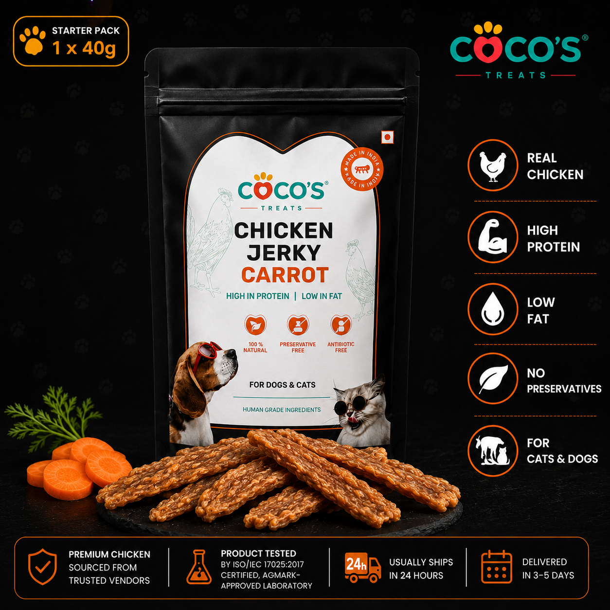 Coco's Treats Chicken Jerky Carrot package with treats and carrots on a dark background