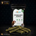 Coco's Chicken Jerky Spinach treat package with treats on a dark background