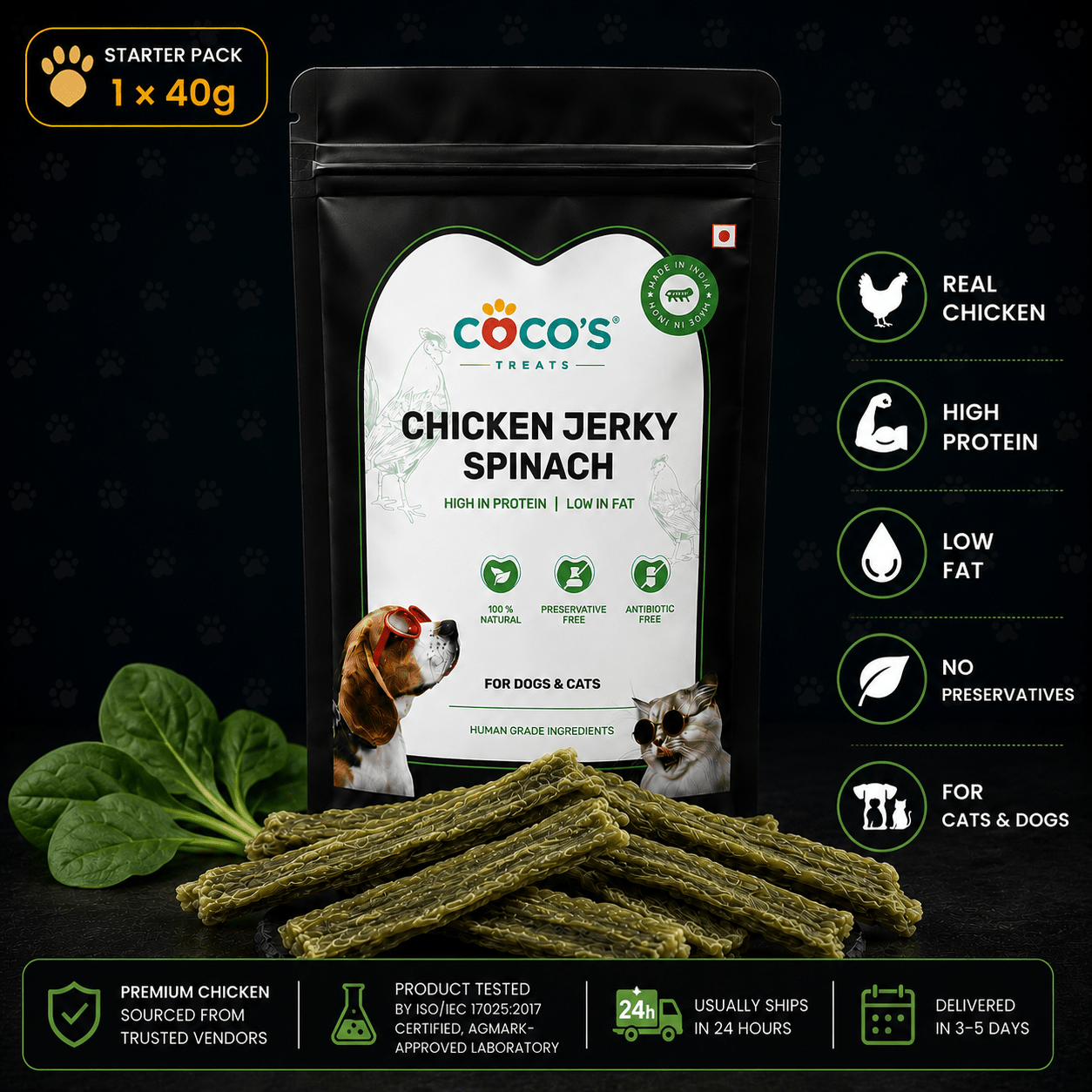 COCO'S Natural Chicken & Spinach Jerky | Starter Pack | 1 × 40g - COCO'S | Natural Chicken Jerky Treats for Dogs & Cats|India